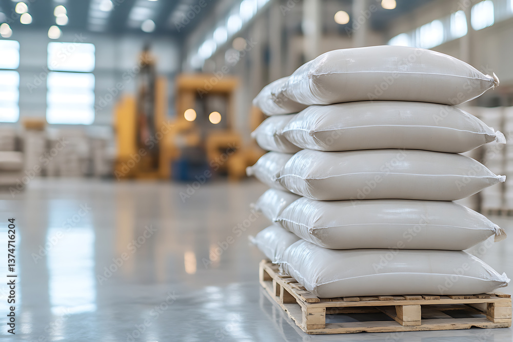 Poster stacked bags of raw material on a pallet within a spacious warehouse, showcasing efficient storage a
