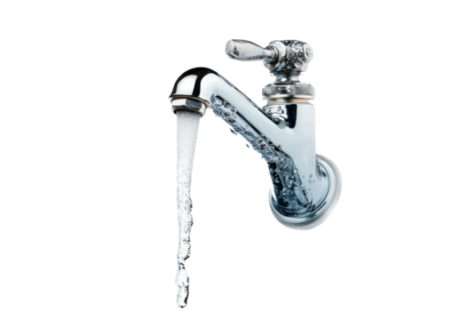 Flowing water from an elegant silver faucet isolated on transparent background