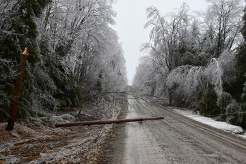 Ice storm damged hydroelectricty pole laying across a country rural road