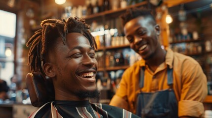 Man enjoys grooming session with barber in lively barbershop atmosphere filled with light and laughter