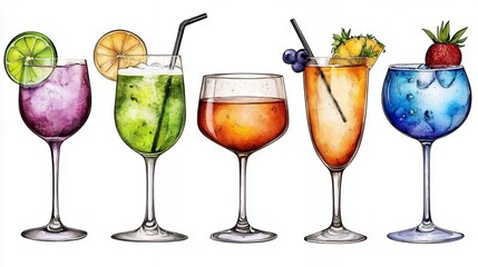 Vibrant Watercolor Cocktails Six Colorful Drinks with Fruit Garnishes