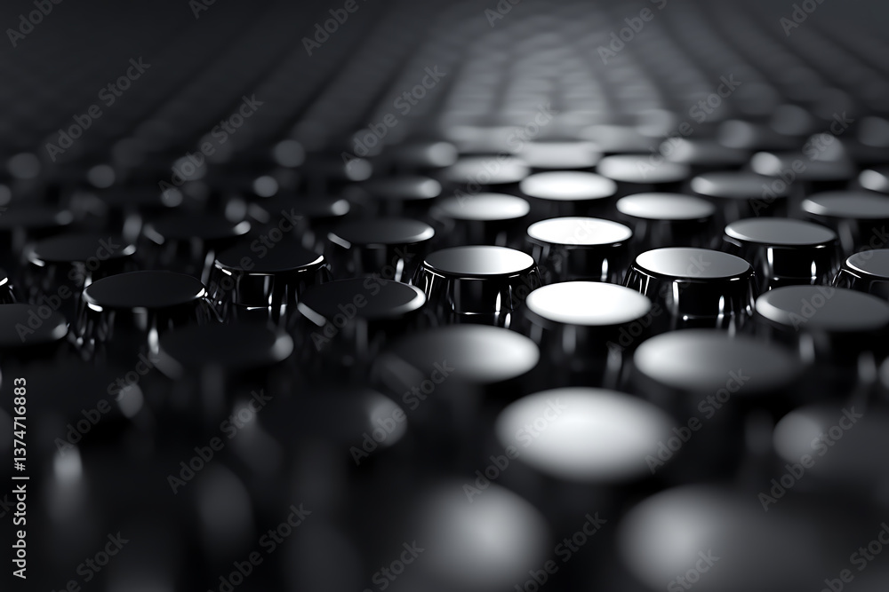 Poster abstract array of reflective circular forms with shallow depth of field, conveying depth and structu