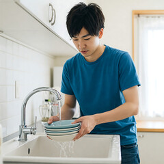 young Man Washing Dishes in a Modern Kitchen