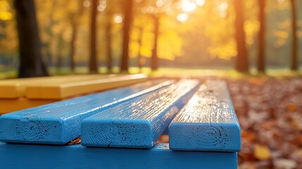   Bench in park under sunshine through tree leaves