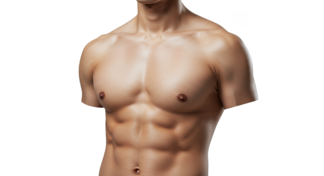 Close up of a muscular man's torso showing his chest and abdominal muscles with a black background