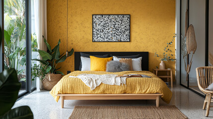 Modern material composition with mustard yellow, black, and wood elements, featuring terrazzo and woven rattan details.