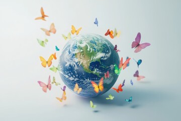 Naklejka premium Colorful butterflies flutter around a detailed Earth globe, symbolizing environmental harmony and the beauty of nature.