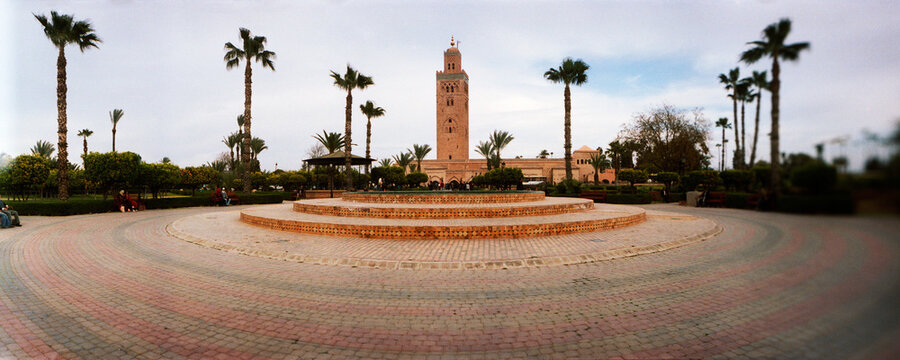 Panoramic view of formal garden in front of the Koutoubia Mosque, Marrakesh, Morocco.