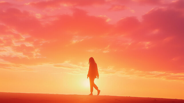 Silhouette of a person walking on a sunrise beach