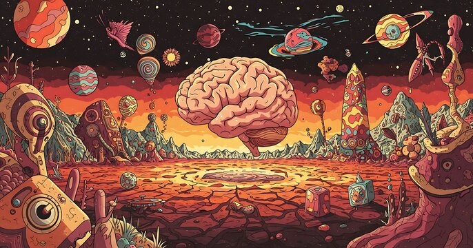 Floating Brain on Surreal Alien Landscape with Planets and Strange Creatures