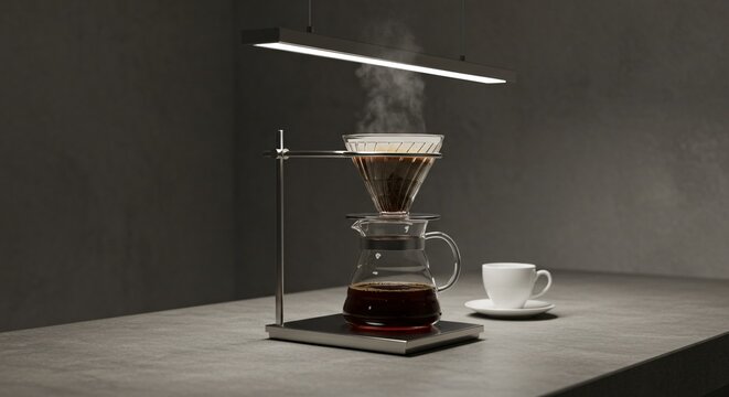 Coffee brewing setup with pour over dripper and glass server under a bright rectangular light