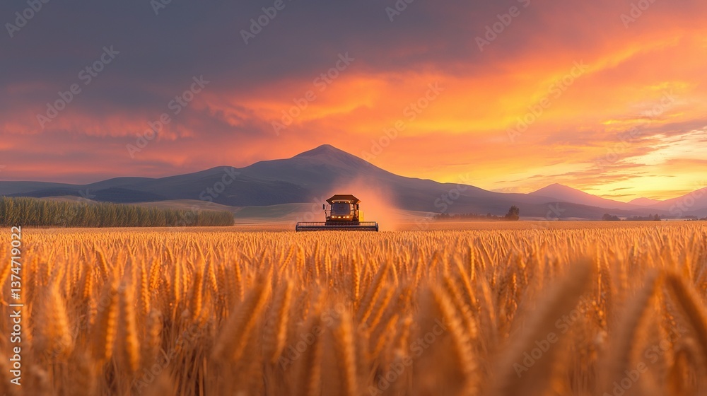 Poster a combine truck in a wheat field with a sunset in the background and a mountain range in the foregro