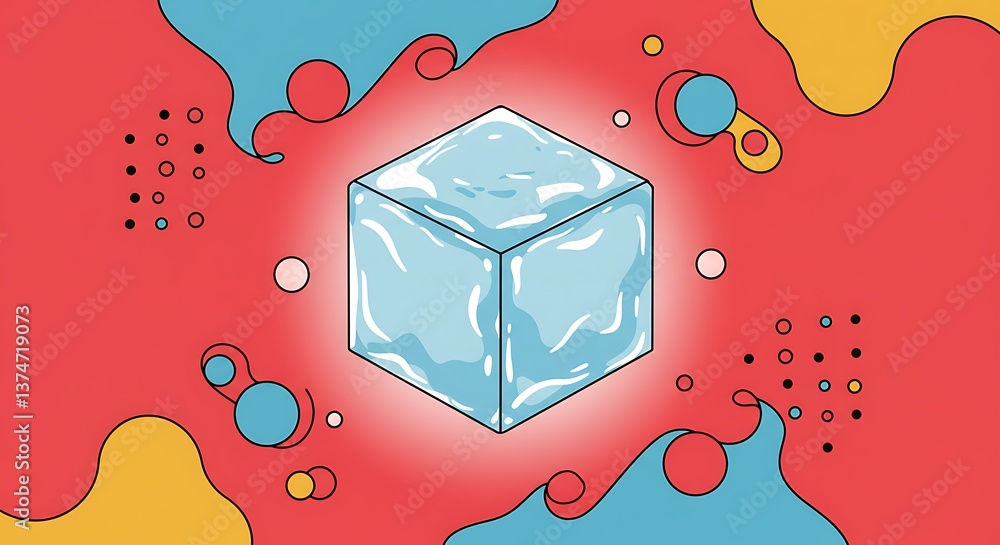 Poster ice cube graphic floating on red background with colorful shapes