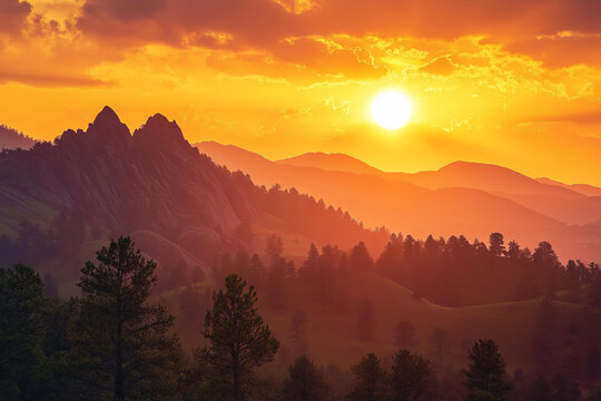 A breathtaking sunset over a misty mountain range, casting a warm golden glow
