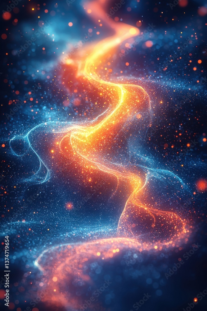 Poster vibrant cosmic flow illuminated by shimmering particles in a dynamic abstract art