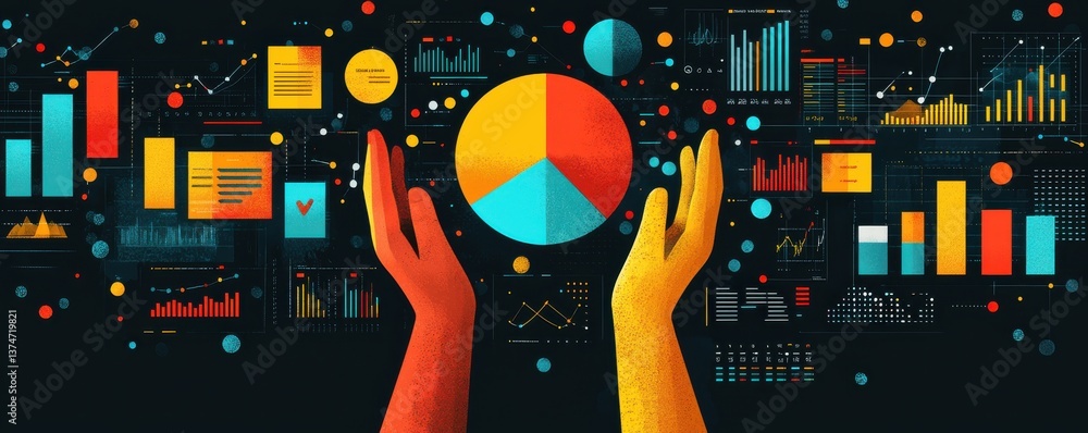 Poster colorful hands holding a pie chart surrounded by data visualizations