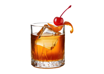 old fashioned cocktail with cherry and orange peel