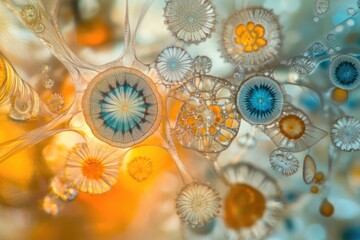 Microscopic view of intricate diatoms, showcasing their diverse, radial, and ornate structures in vibrant colors.