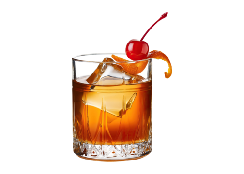 old fashioned cocktail with cherry and orange peel