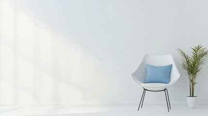 Modern living room with a white wall and floor. on the right side of the image, there is a white armchair with a blue cushion on it. the chair has a black metal frame and is placed against the wall.