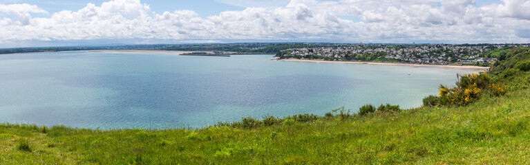 The Saint-Brieuc Bay with the Le Legué harbor and the Nouëlles beach view from Roselier Point (Plérin, Côtes-d’Armor, Bretagne, France)