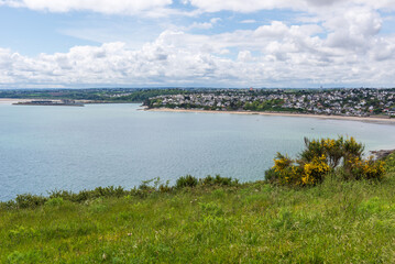 The Saint-Brieuc Bay with the Le Legué harbor and the Nouëlles beach view from Roselier Point (Plérin, Côtes-d’Armor, Bretagne, France)