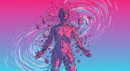 Obraz premium Wireframe Human Figure Emerging From Digital Vortex with Abstract Shapes
