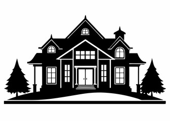 Simple vector illustration of a house with a roof, windows, and door, representing a residential building or home