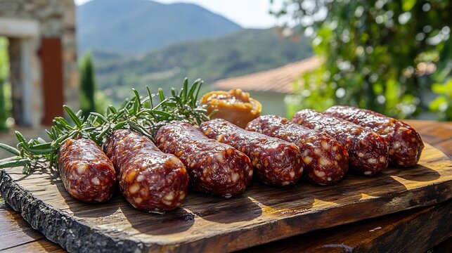 Corsican Figatellu Sausage arranged a rustic wooden board HDR lighting bringing out deep red hues and coarse textures Corsican mountain backdrop