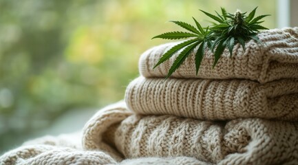 Stack of knitted sweaters adorned with fresh cannabis leaves in natural light