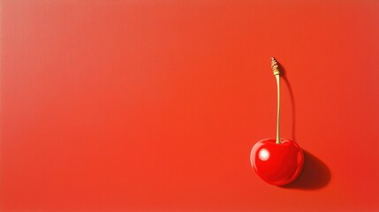 Close-up of a single red cherry on a bright orange background. the cherry is in the center of the image, with its stem and leaves visible.