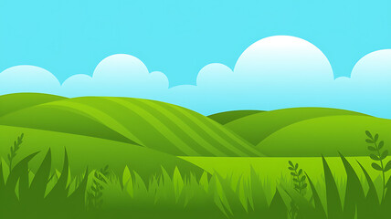 Fototapeta premium Green rolling hills bright sky idyllic landscape Flat vector illustration