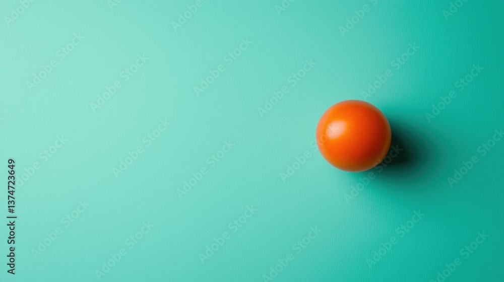 Poster flat lay of an orange sphere on a turquoise background. the sphere is in the center of the image and