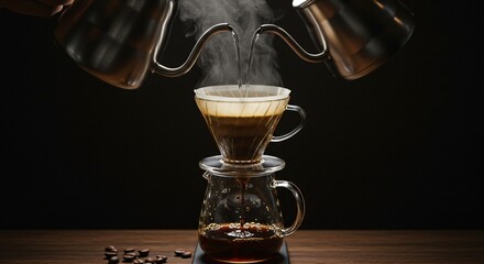 Pouring hot water from two kettles over a coffee dripper with coffee beans on the wooden table
