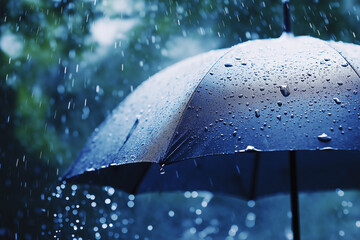 A dark umbrella with raindrops cascading down its fabric, capturing the intensity of a rainstorm