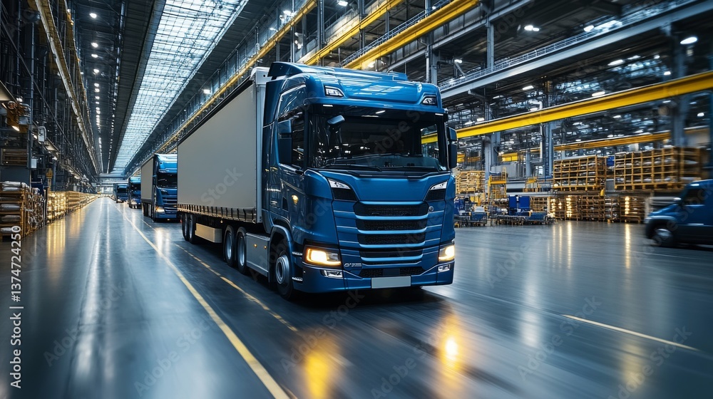 Poster large trucks are moving along wide aisles of a warehouse filled with shelving units, demonstrating b
