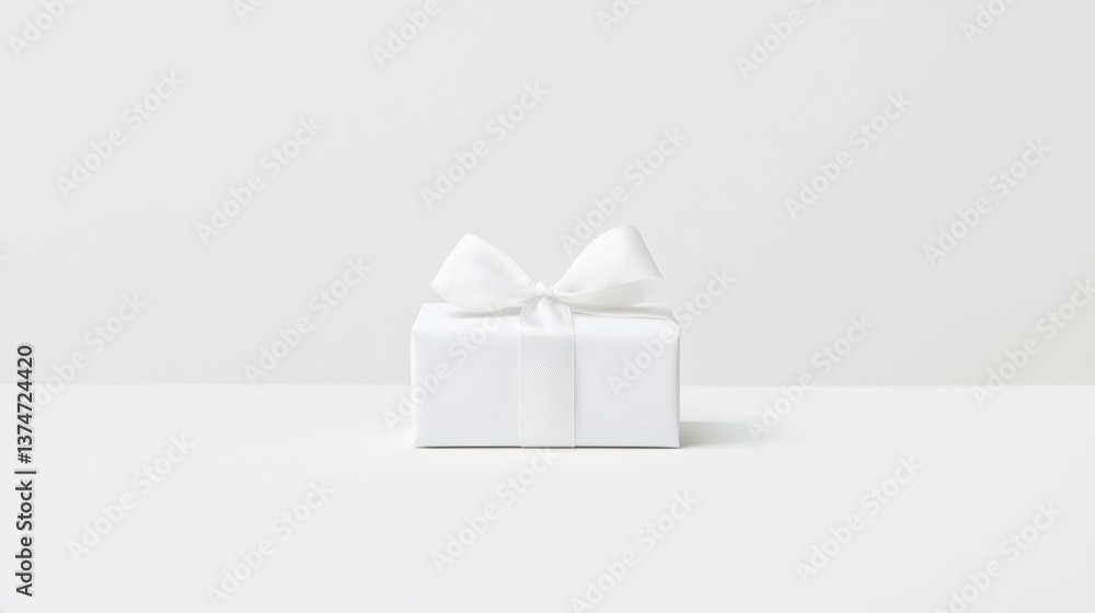 Poster photograph of a small white gift box with a white ribbon tied in a bow on top. the box is rectangula