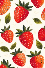 Hand-drawn seamless pattern featuring fresh strawberries and green leaves
