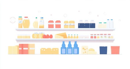 Obraz premium Illustrated supermarket shelves stocked with a variety of grocery items