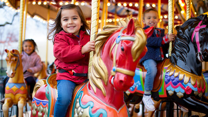 Fototapeta premium Children enjoy a colorful carousel ride at an amusement park in springtime. Blurred background.