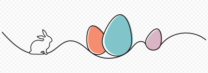 Continuous One Line Drawing of Cute Easter Rabbit with Egg. Easter Bunny for Spring Design in Simple Linear Style. Editable Stroke. Rabbit Doodle Black on transparent Vector Illustration. EPS 10.