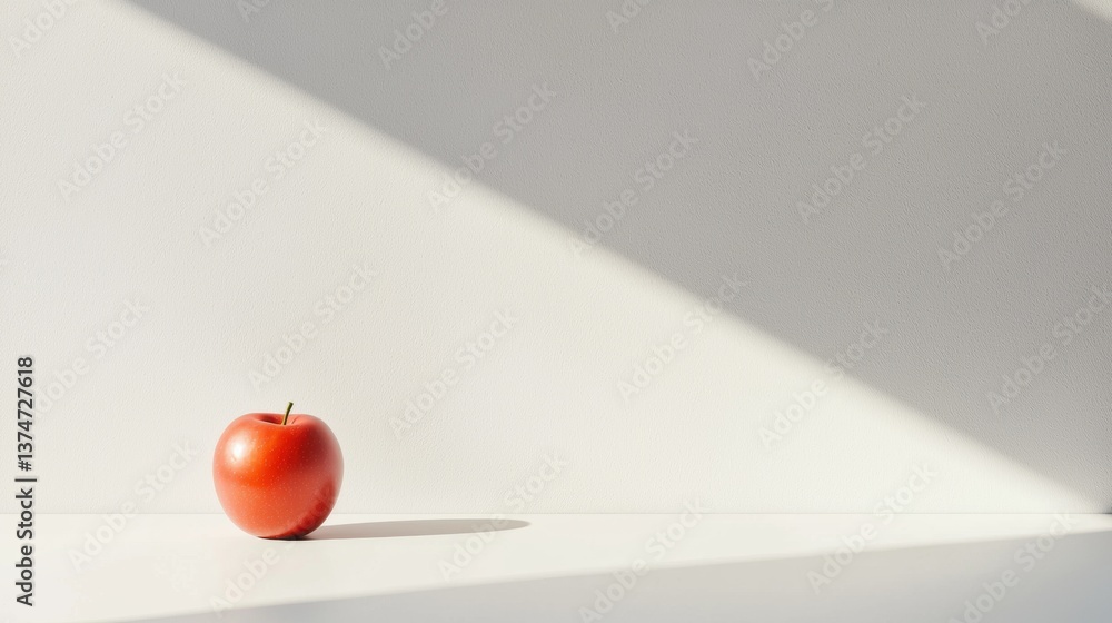 Poster single red apple sitting on a white surface. the apple is in the center of the image and is position