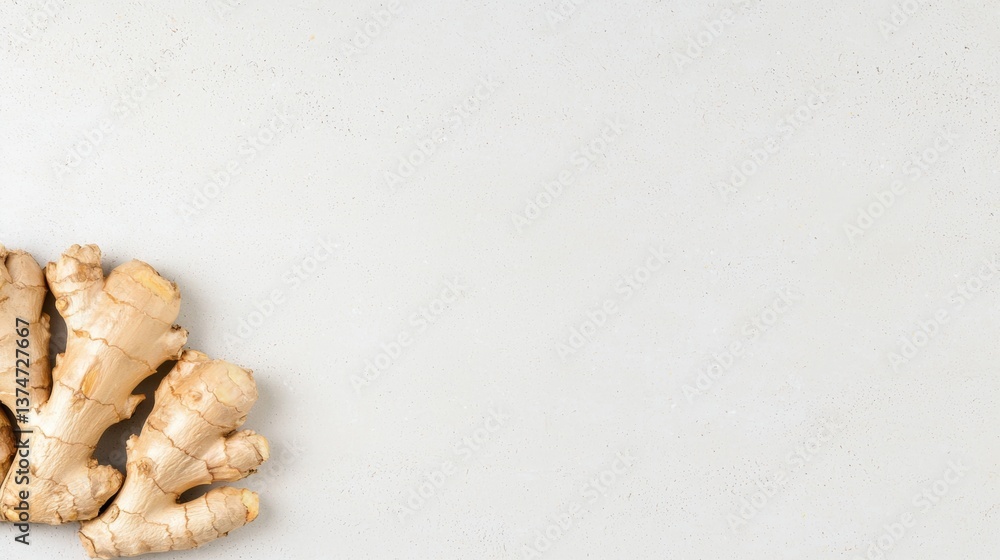 Poster flat lay of a bunch of ginger root on a white background. the root is light brown in color and has a