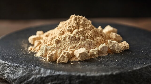 Detailed macro shot of Peruvian Maca Root powder dusted a dark stone plate fine granules illuminated by warm directional light