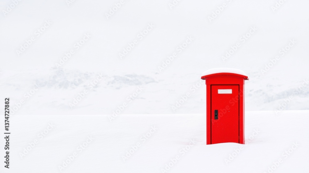 Poster red post box standing in the middle of a snowy field. the post box is covered in a thick layer of sn