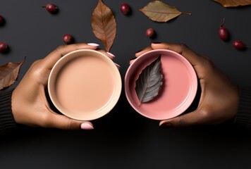 Top view of two hands holding cups of makeup over a dark background