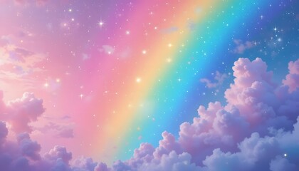 Fototapeta premium Holographic fantasy rainbow background with clouds and stars. Pastel color sky. Magical landscape, abstract fabulous pattern