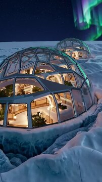 Modern glass igloos nestled in icy terrain beneath a stunning northern lights display. A dreamlike mix of nature and high-end design for travel, arctic living, or luxury content.