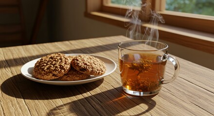 Cozy tea and cookies on a sunny wooden table  
