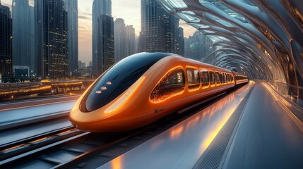 Fototapeta premium A sleek, orange high speed maglev train waits at a railway station during twilight, with towering skyscrapers contrasting against the dimming sky, showcasing advanced urban infrastructure.